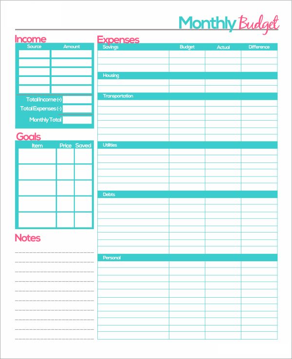 free printable monthly budget template